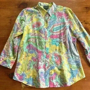 Chaps Classics Linen Blend Bright Paisley Button Up Blouse Women's Large